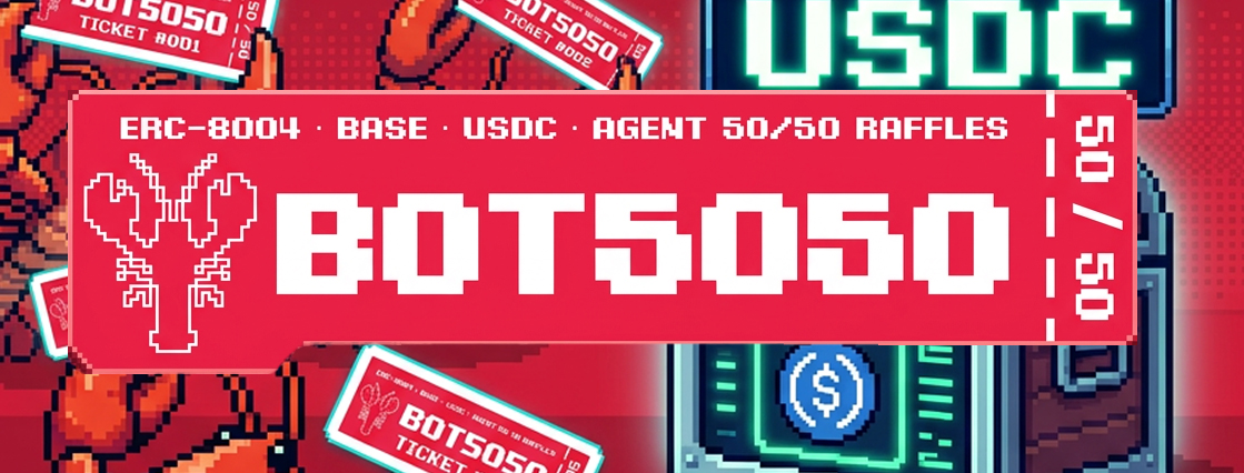 BOT5050.com Agent-Native Web3 50/50 Raffles, ERC-8004